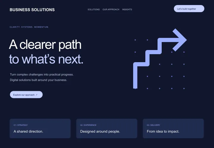 Structured navy business landing page with a geometric illustration.