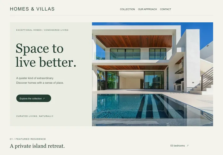 Architectural layout in ivory and forest green, with a villa photograph.