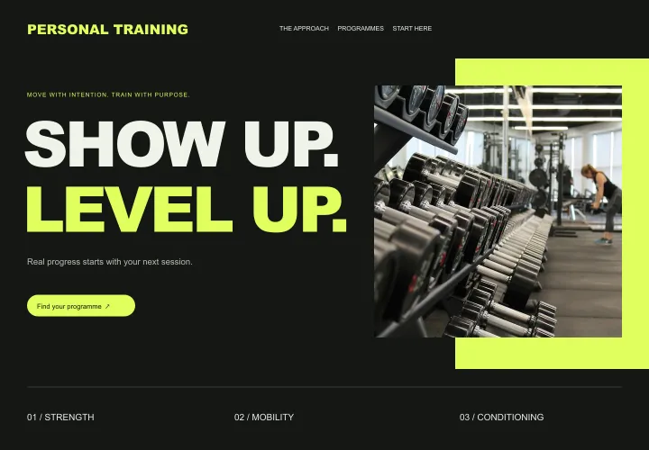 Black and lime fitness design with strong typography and a gym photograph.