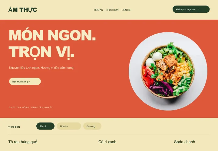 Bold orange restaurant design with a dish photograph and menu elements.